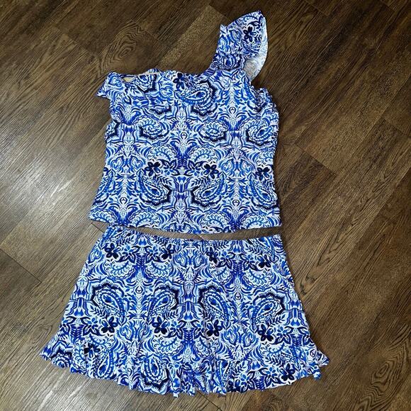 SWIMSUITS FOR ALL One Shoulder Tankini sz 22 Blue Batik Style Ruffle 2pc - Picture 5 of 12